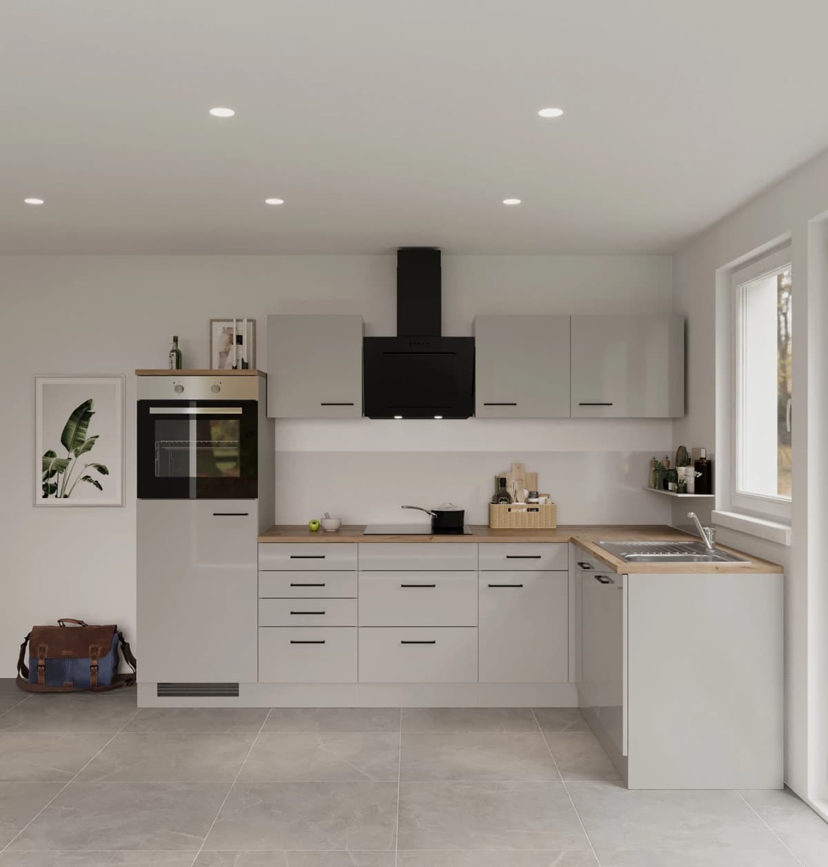 Cocina en L Flex-Well Exclusiv Lund · 280 x 170 cm · gris claro brillante y gris humo