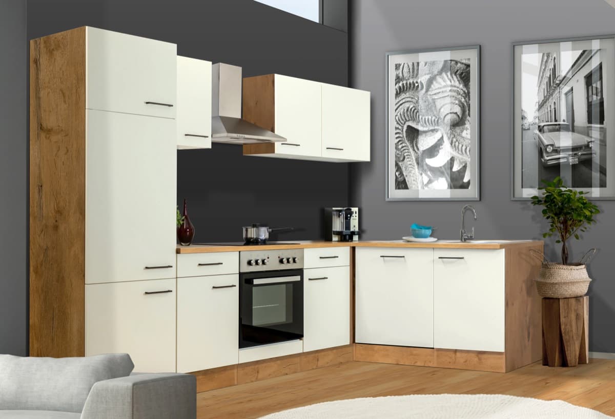 Cocina en L Flex-Well Exclusiv Vintea · 280 x 170 cm · magnolia y roble