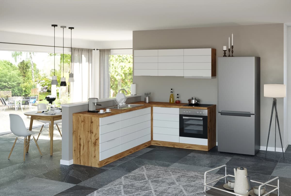 Cocina en L Held Möbel Winkelküche · 240 x 180 cm · blanco mate y roble Wotan