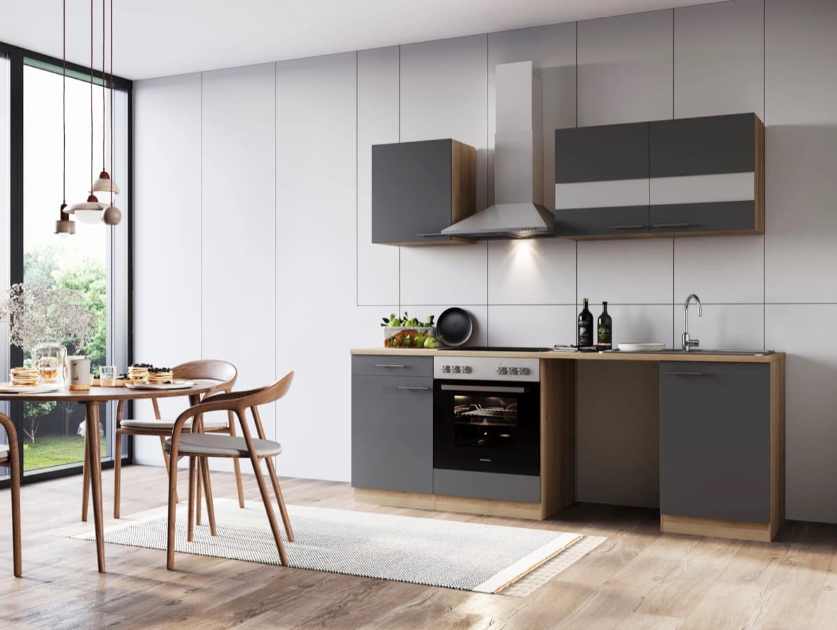 Bloque de cocina Respekta Merle · 220 cm · roble gris, con hueco para lavadora